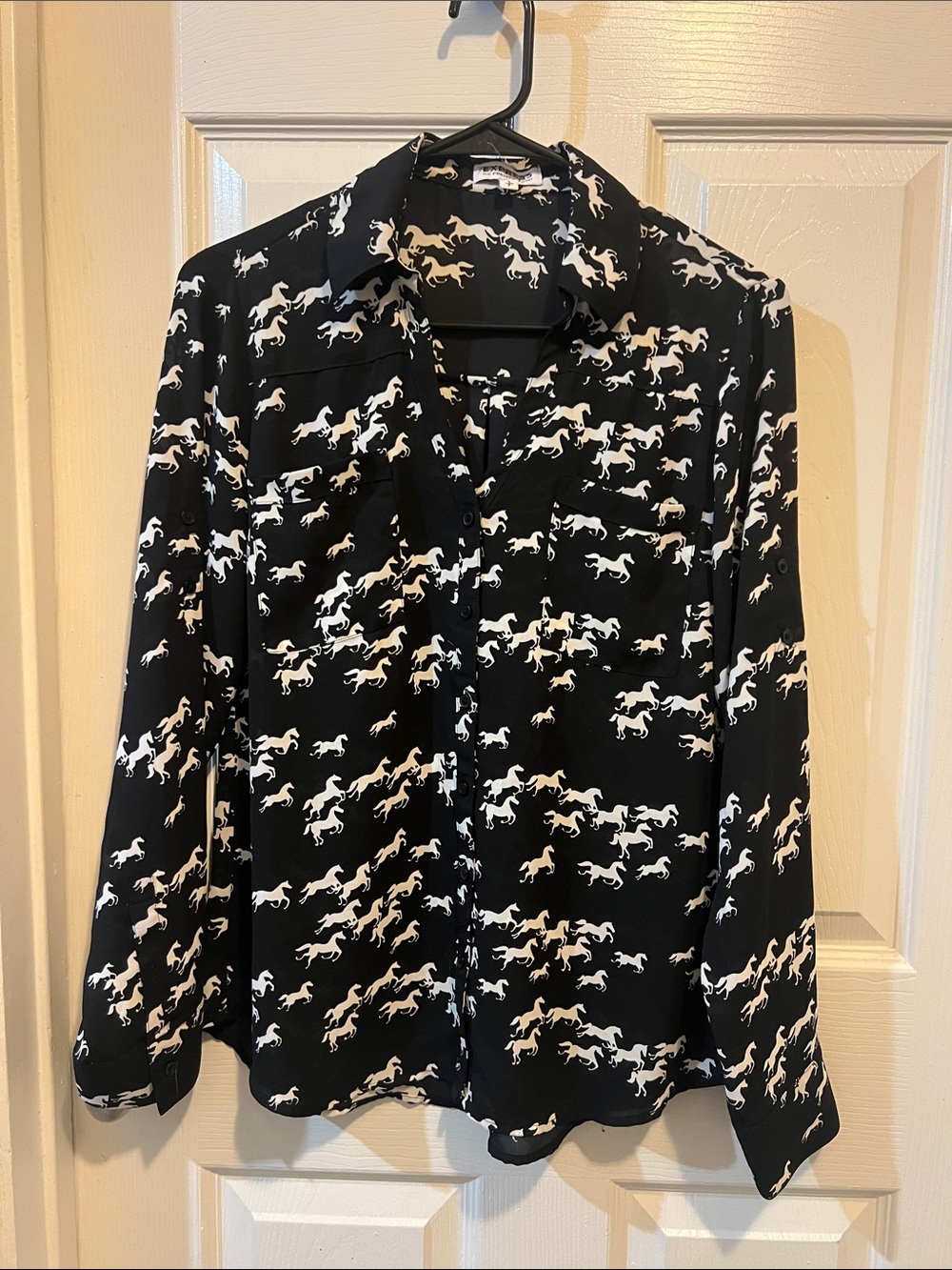 Express Portofino Black Blouse with White Horse Print